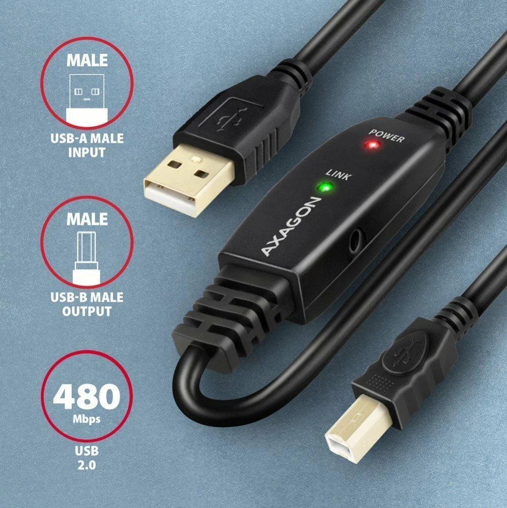 Kabllo USB Axagon ADR-215B USB-A në USB-B 15 m aktive (repeater), e zezë, set me kabllo energjie
