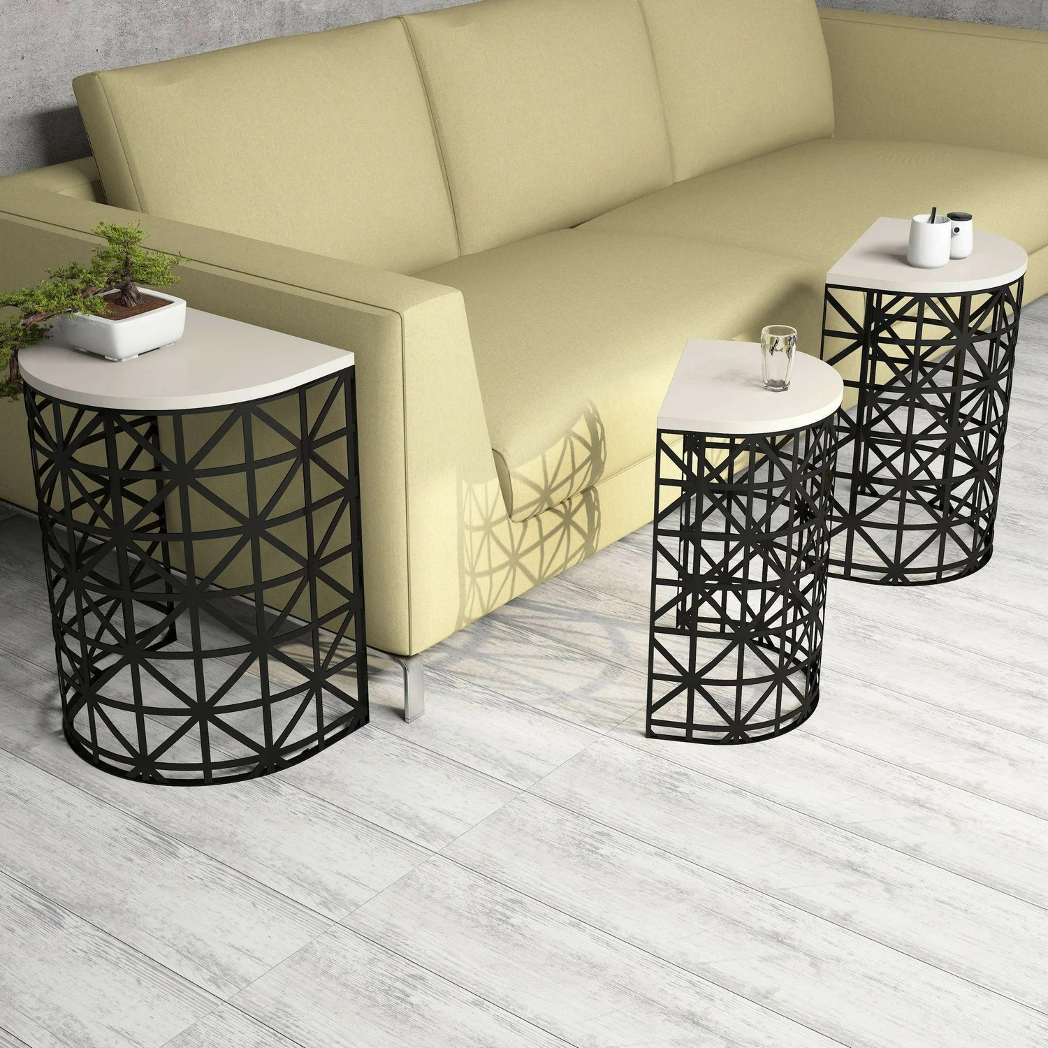 Set tavolinash ndihmëse (3 copë), Skye Decor, stil metal ferforje, krem
