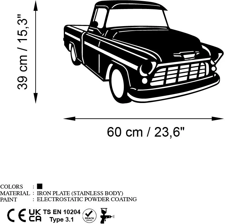 Aksesor dekorativ metalik për mur, Wallity, Chevrolet Cameo Carrier 1955, ngjyrë e zezë, 60x39cm
