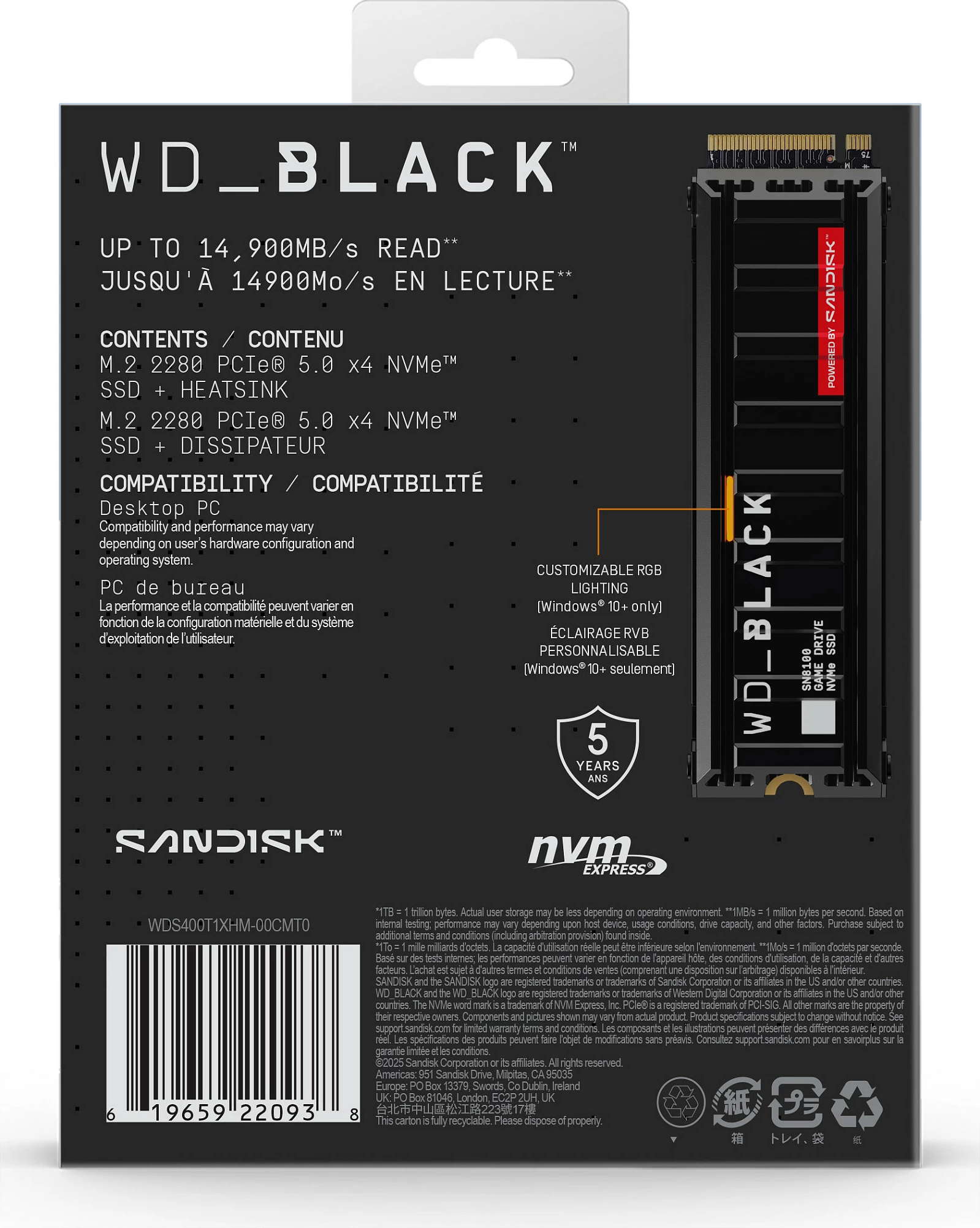 SSD i brendshëm SanDisk WD_BLACK SN8100 NVMe M.2 4TB PCIe 5.0, me heatsink, i zi