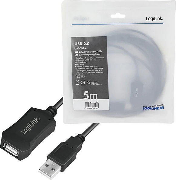 Kabllo zgjatëse USB 2.0 LogiLink, A mashkull në A femër, repeater aktiv 5m, e zezë