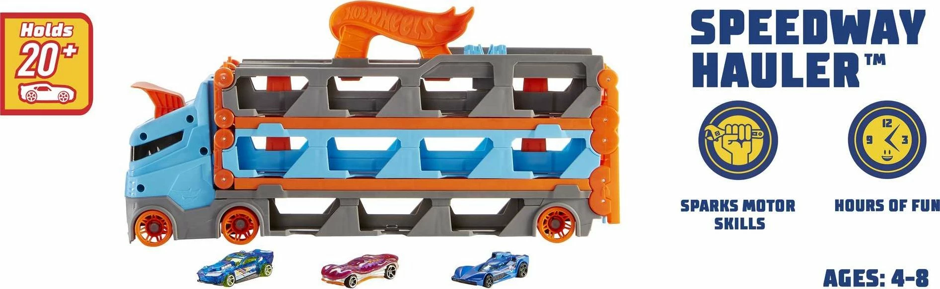 Transportues/pistë garash Hot Wheels City Racing Transporter 2-in-1 GVG37, shkallë 1:64, pistë 1.8 m, mban 20+ makina, set me 3 makina, blu