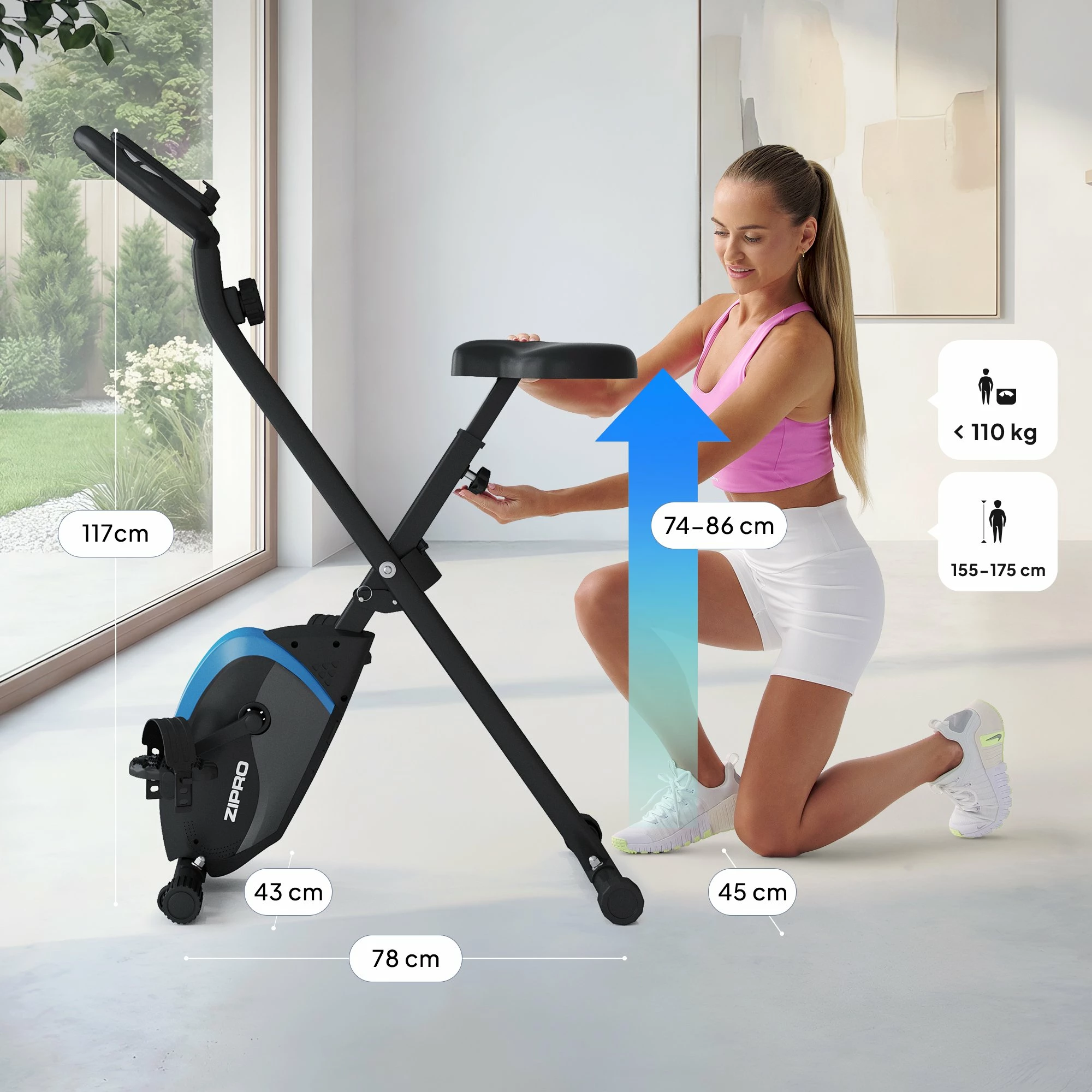 Biçikletë statike Zipro Future X, rezistencë magnetike 8 nivele, e palosshme vertikale, max 110 kg, e zezë