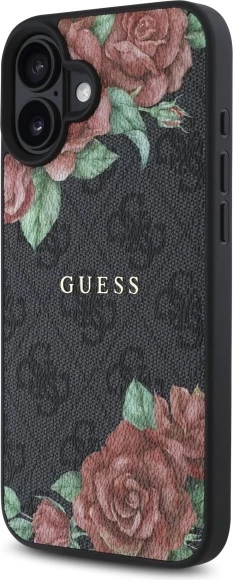 Mbështjellës Guess GUHMP16SP4ROPEMCK për iPhone 16 6.1", hardcase, MagSafe, i zi me lule