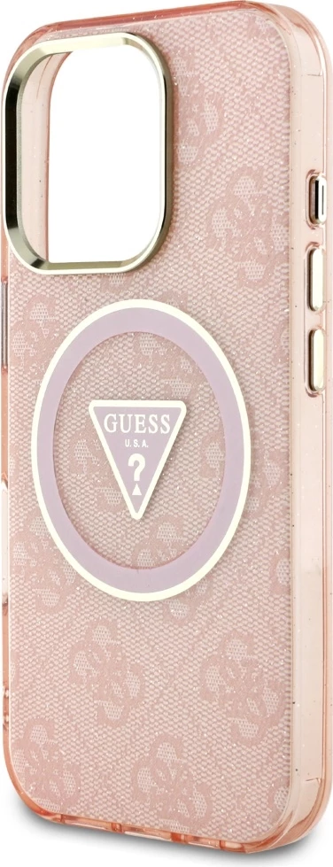 Mbështjellës Guess IML Metal Glitter 4G Circle Triangle MagSafe për iPhone 16 Pro, Rozë