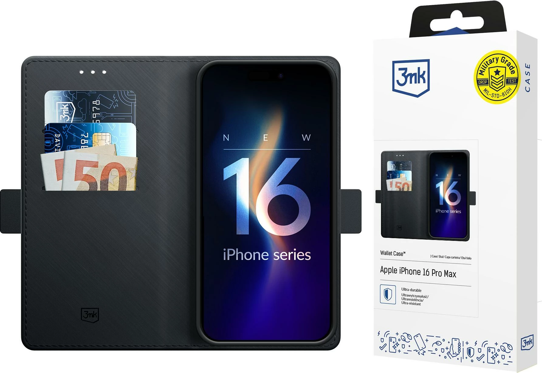 Mbështjellës 3mk Wallet Case për iPhone 16 Pro Max, me kapak, me xhepa për karta