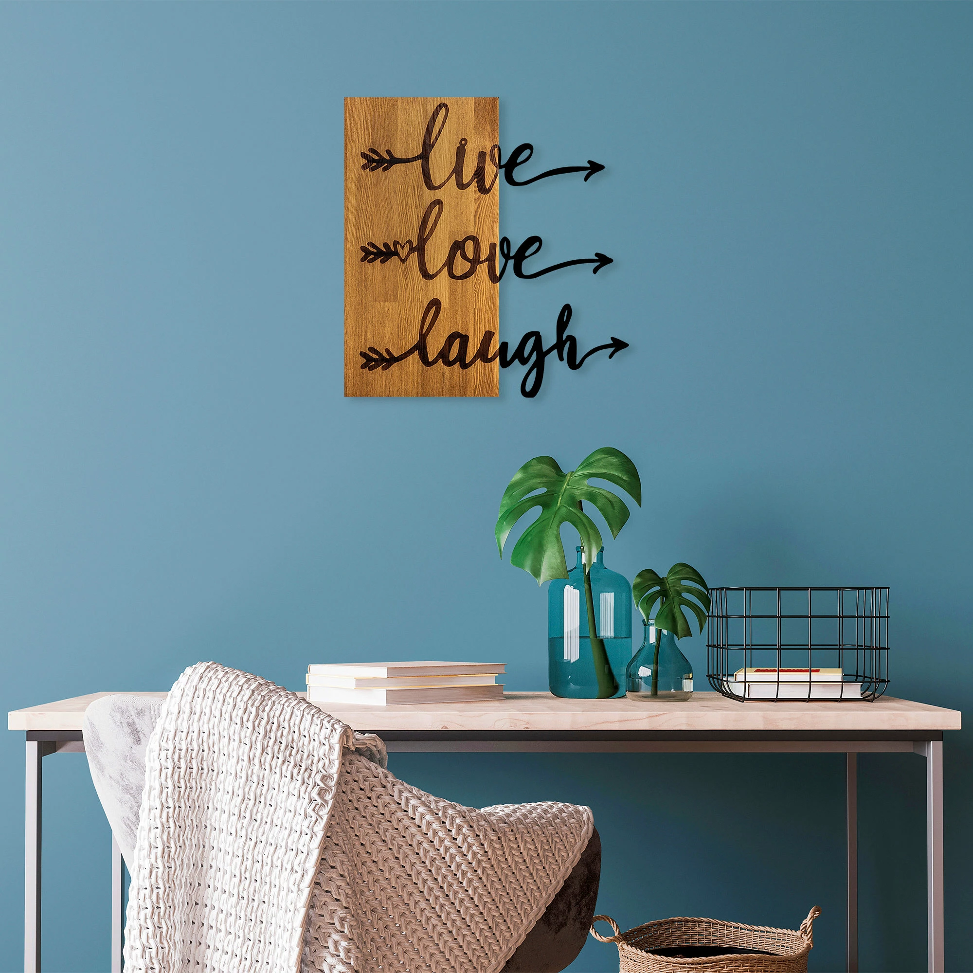 Aksesor dekorativ prej druri për mur, Wallity, Live Love Laugh, ngjyrë arre dhe e zezë, 55x58cm