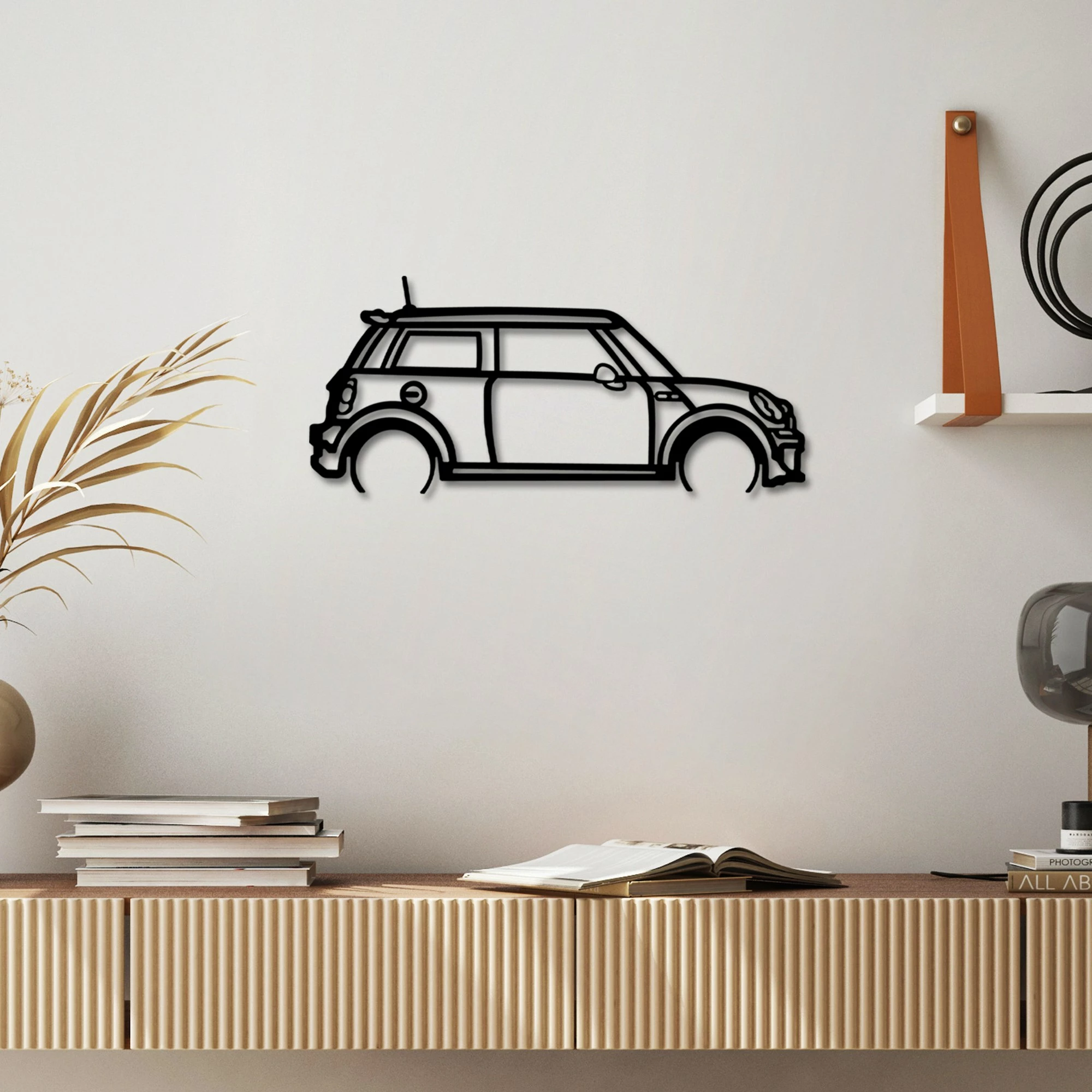Aksesor dekorativ metalik për mur, Wallity, Mini Cooper, ngjyrë e zezë, 73x33cm