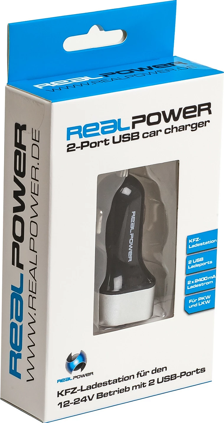 Karikues veture USB RealPower 176635, 2x USB, 2.4A/5V, i zi/argjendtë
