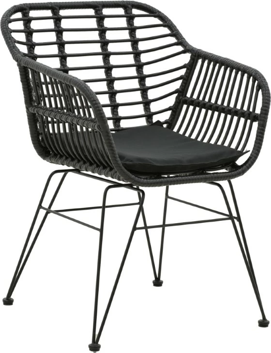 Karrige për kopsht Naoki me jastëk pe, këmbë metalike të zeza, 55x58x79cm