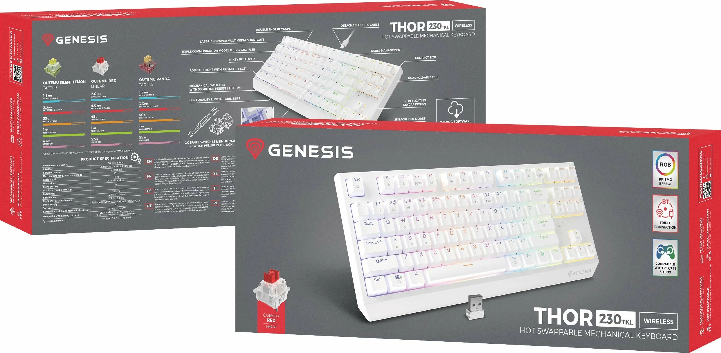 Tastierë gaming mekanike GENESIS Thor 230 TKL Wireless (NKG-2165), Outemu Red, RGB, USB/Bluetooth/2.4GHz, e bardhë
