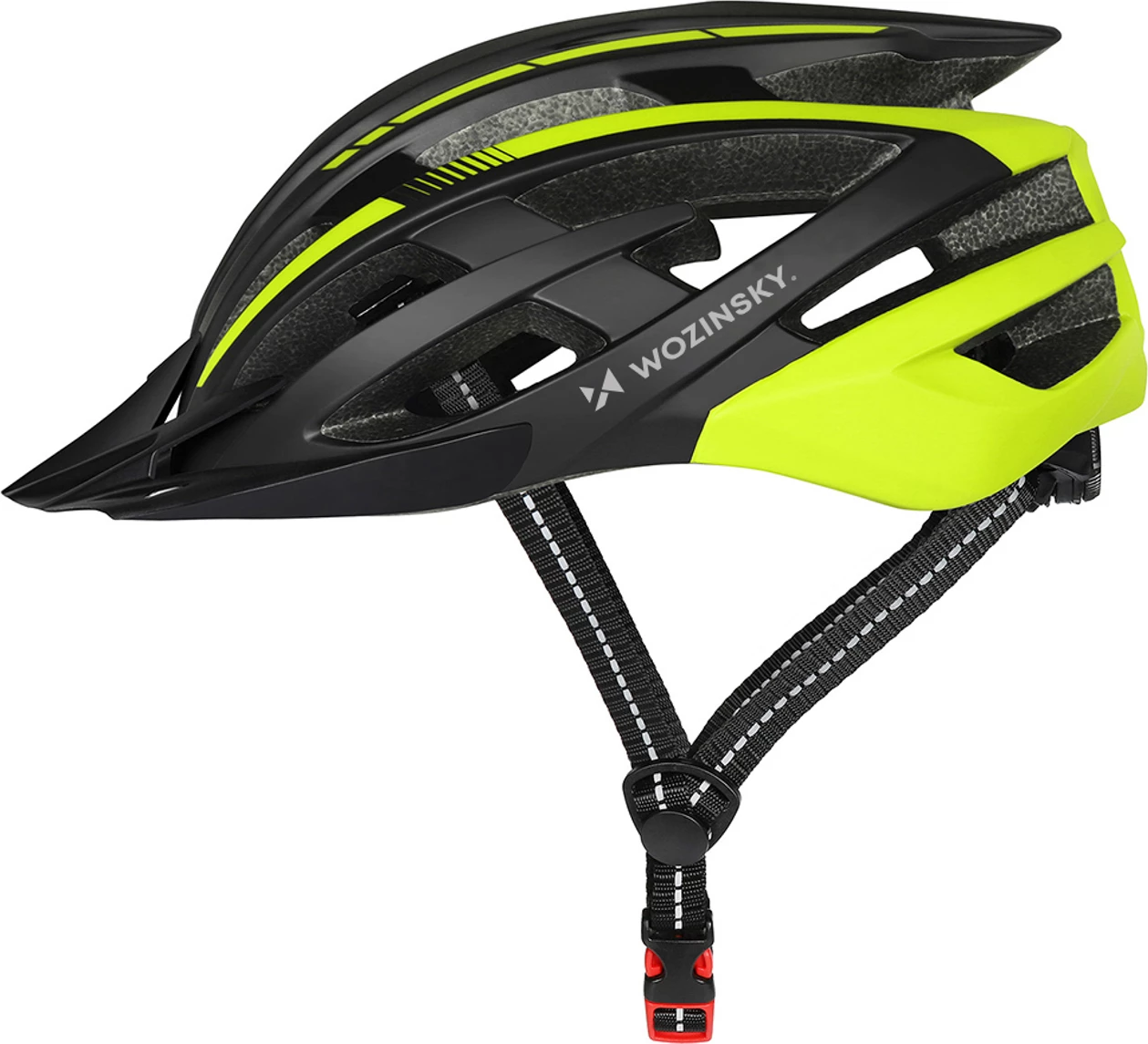 Helmetë biçiklete MTB, Wozinsky HT-28VCZ, me dritë të pasme USB, madhësia M (54-57 cm), e zezë e verdhë