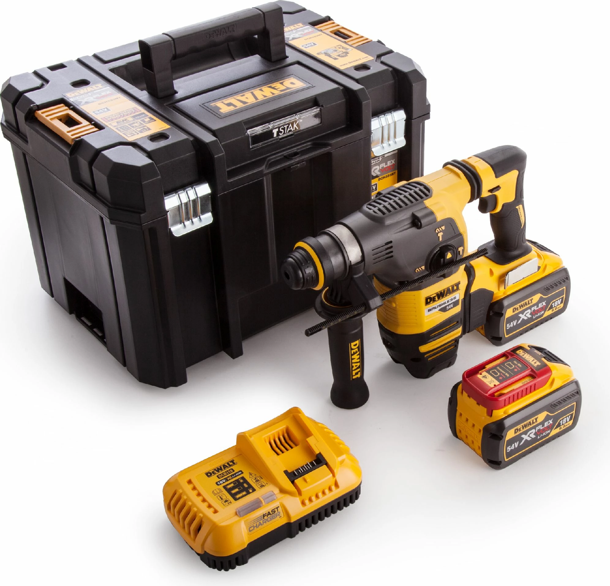 Trapan çekiç rrotullues Dewalt DCH333X2 54V 3.5J SDS-Plus, 2x 9Ah me karikues, në kuti, e verdhë/zezë