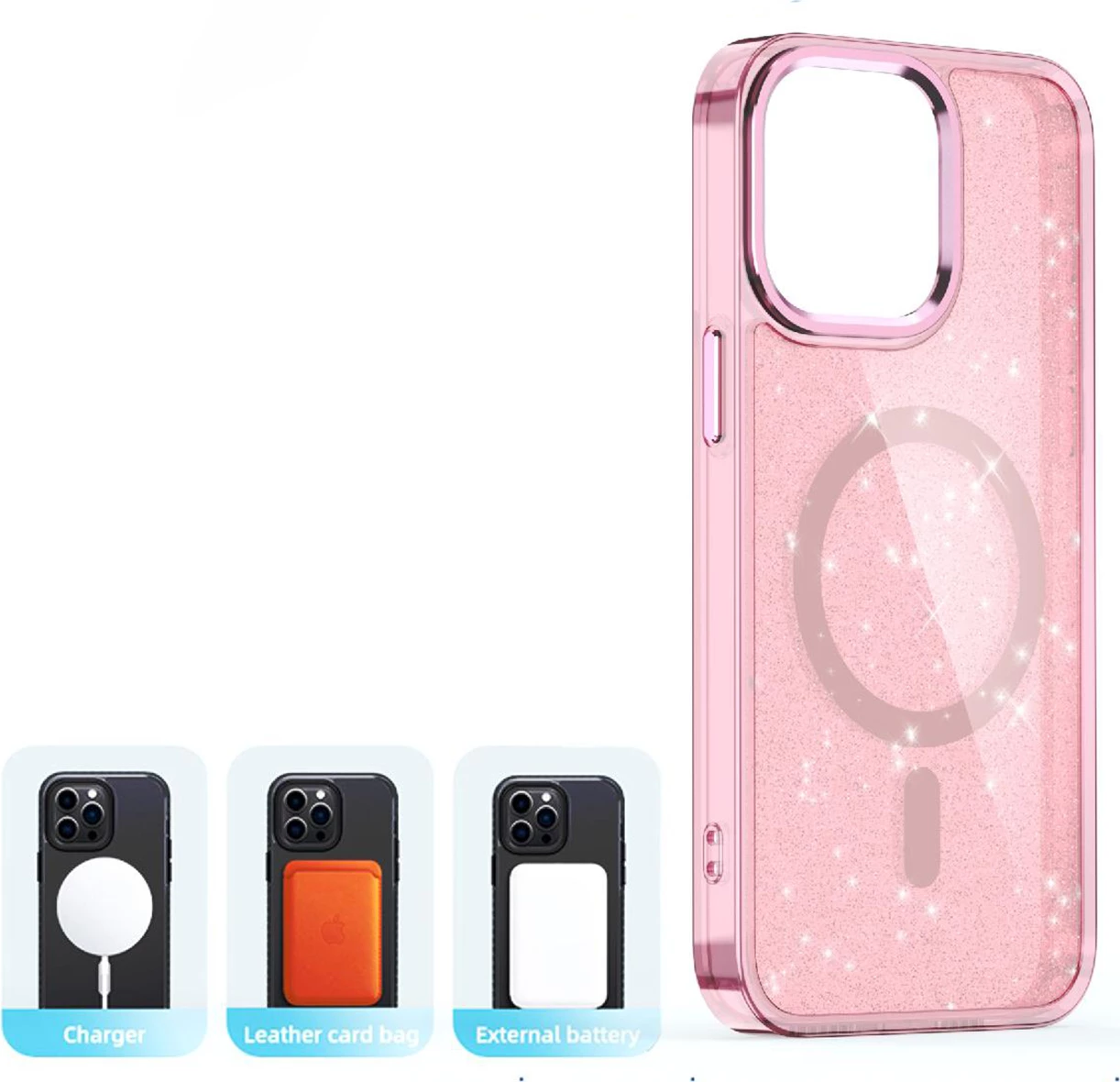 Mbështjellës Hurtel Glitter Case MagSafe për iPhone 16 Pro, rozë me shkëlqim