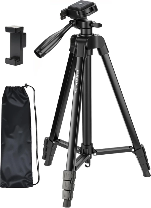 Tripod kamerash Neewer TP53 (version bazik), 42–146 cm, ngarkesë 1.5 kg, me mbajtëse telefoni, i zi, set