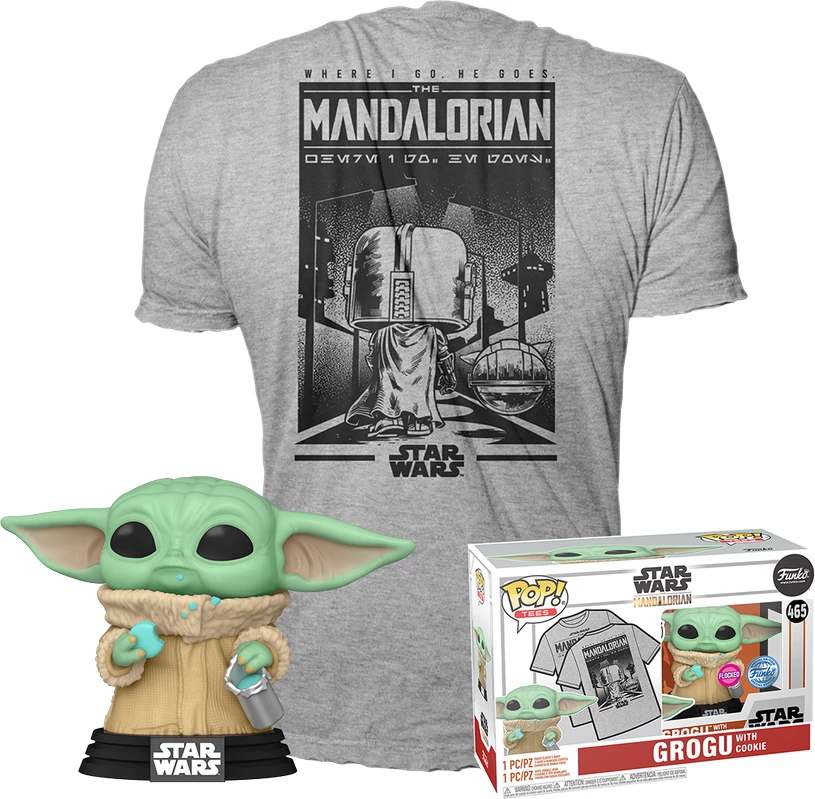 Set figurë POP! dhe maicë Funko Star Wars The Mandalorian Mando - Grogu w/Cookie, gri