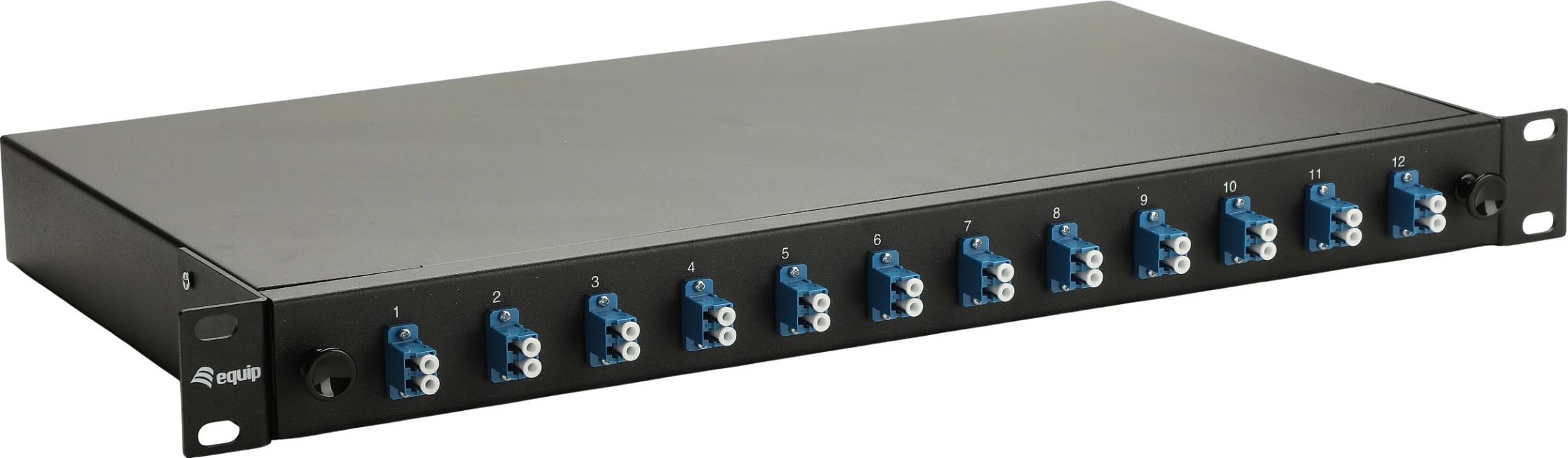 Kuti splice fibër optike EQUIP 337200, 12-port LC Duplex, OS2, 1U rack 19", çelik, e zezë