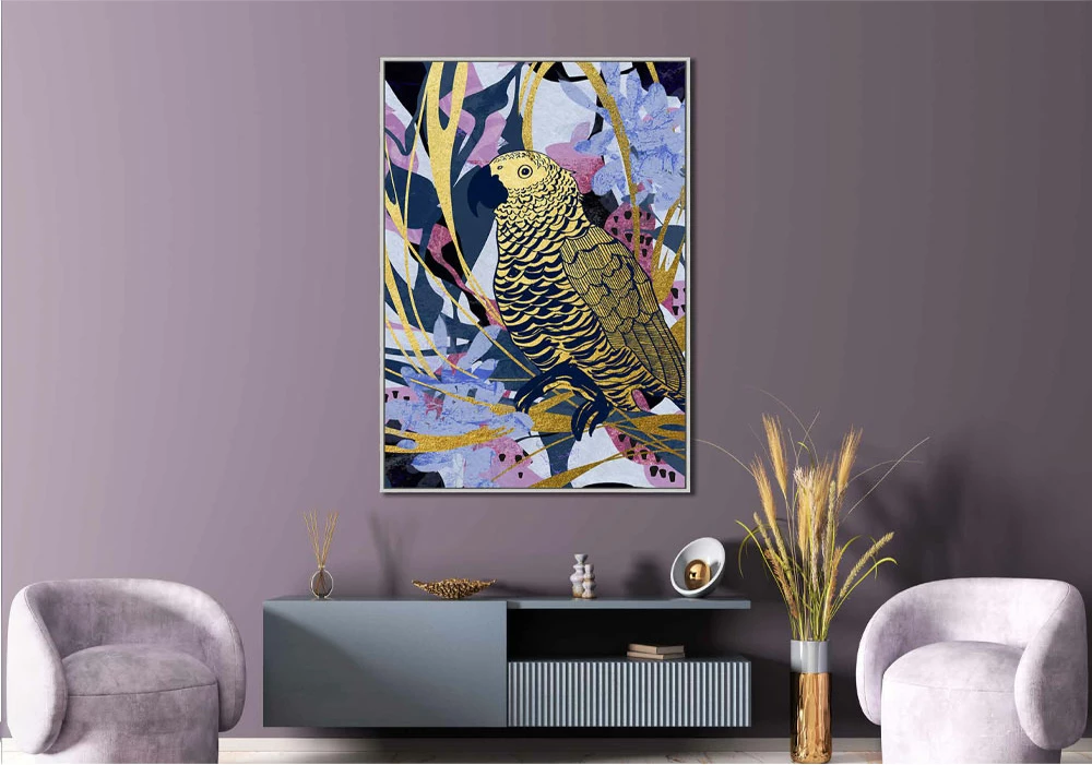 Pikturë dekorative me papagall tropikal, shumëngjyrëshe, dru natyral, 83x123x4 cm
