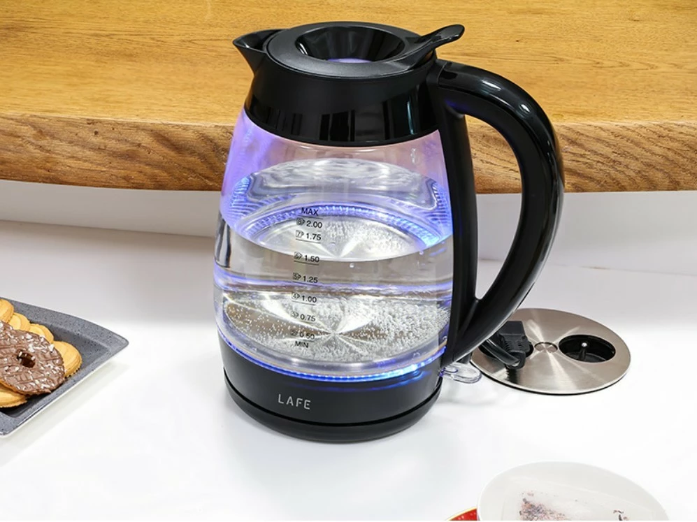 Zierëse uji elektrike Lafe Essential XL LAFCZA47573 2L 2200W xhami tregues niveli me ndriçim filtër sedimenti bazë rrotulluese, e zezë/transparente