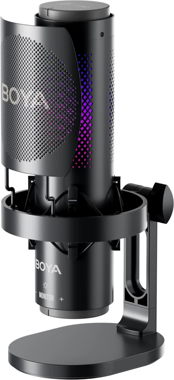 Mikrofon BOYA K9 me kabllo USB-C, 48 kHz 24-bit, RGB, me stendë tavoline dhe pop filter, i zi