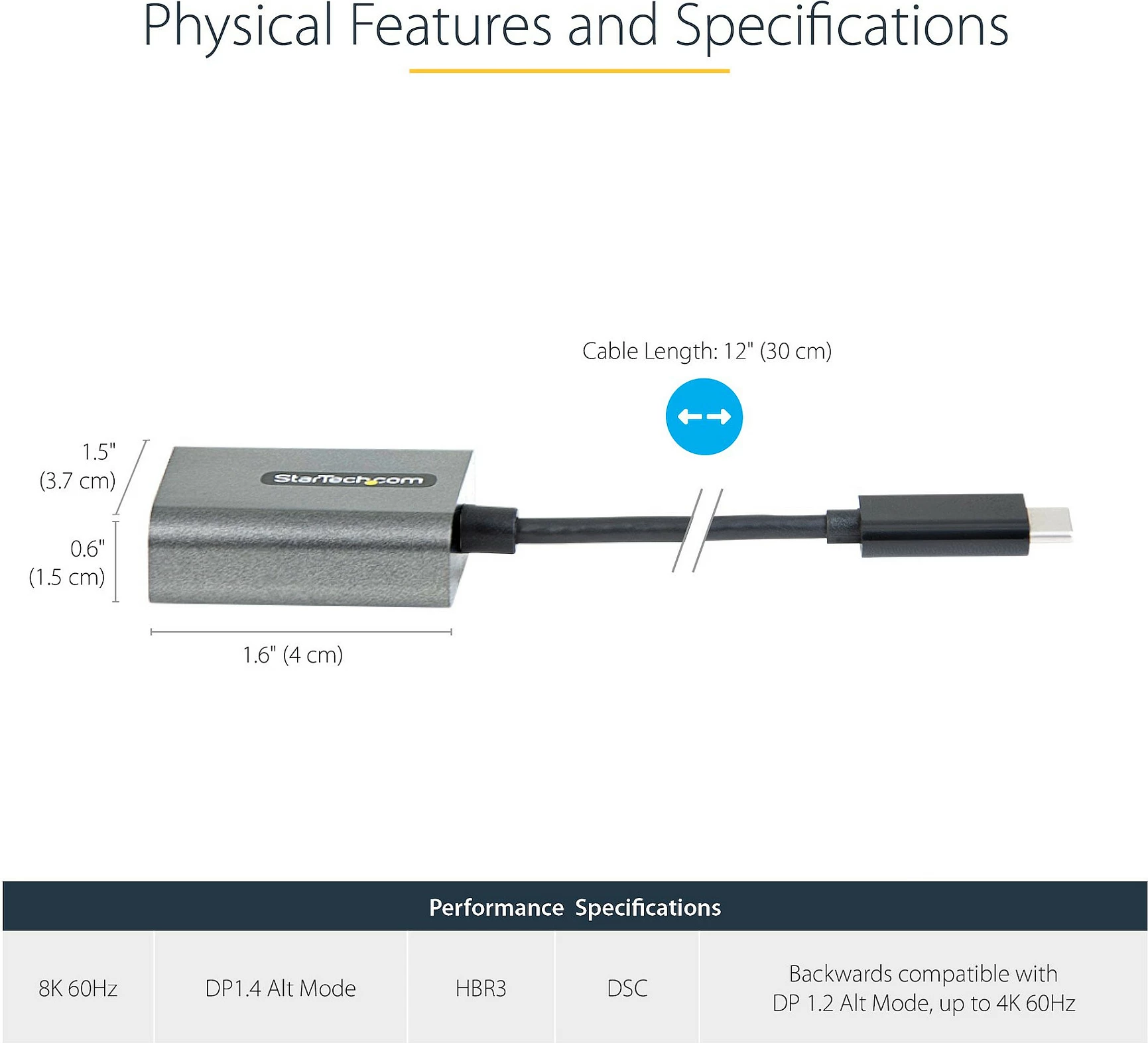 Adapter USB-C në DisplayPort StarTech, DP 1.4, 8K/4K 60Hz, 30cm, zi/gri