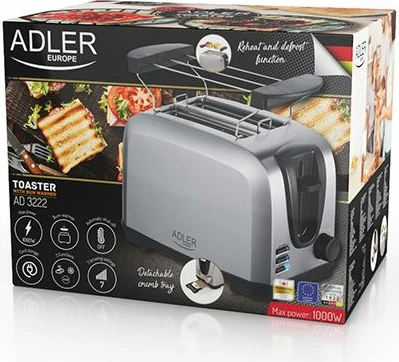 Toster Adler AD3222, 7 nivele pjekjeje, rrjetë për ngrohje simitesh, 1000W max, argjendtë