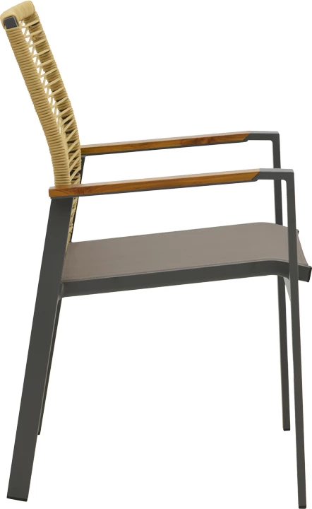 Karrige me krahë Aegean, alumini anthracite, litar natyral, doreza teak, 57x64x87cm