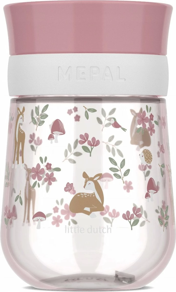 Gotë trajnimi për fëmijë Mepal Mio 300 ml, kapak 360°, pa dorezë, pa BPA, Fairy Garden, pink