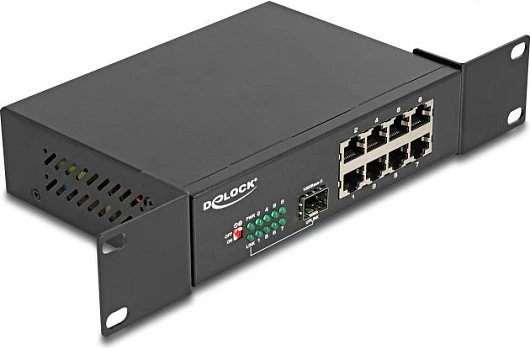 Switch rrjeti DeLOCK 10" Gigabit Ethernet, 8x RJ45 + 1x SFP, unmanaged, montim në rack, i zi