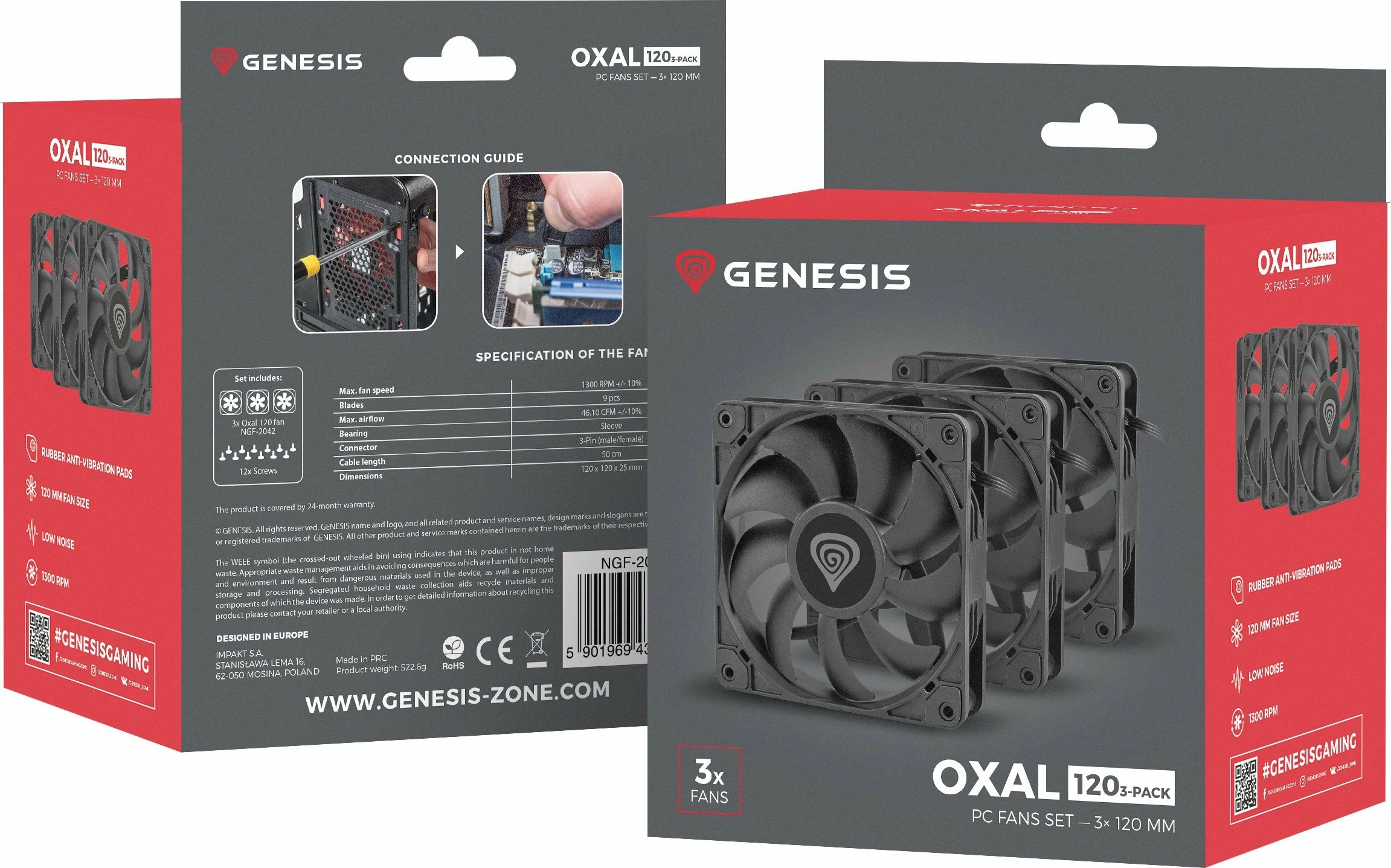 Ventilator kasë PC Genesis Oxal 120 120mm 3-pin, 3-pack, i zi (NGF-2043)