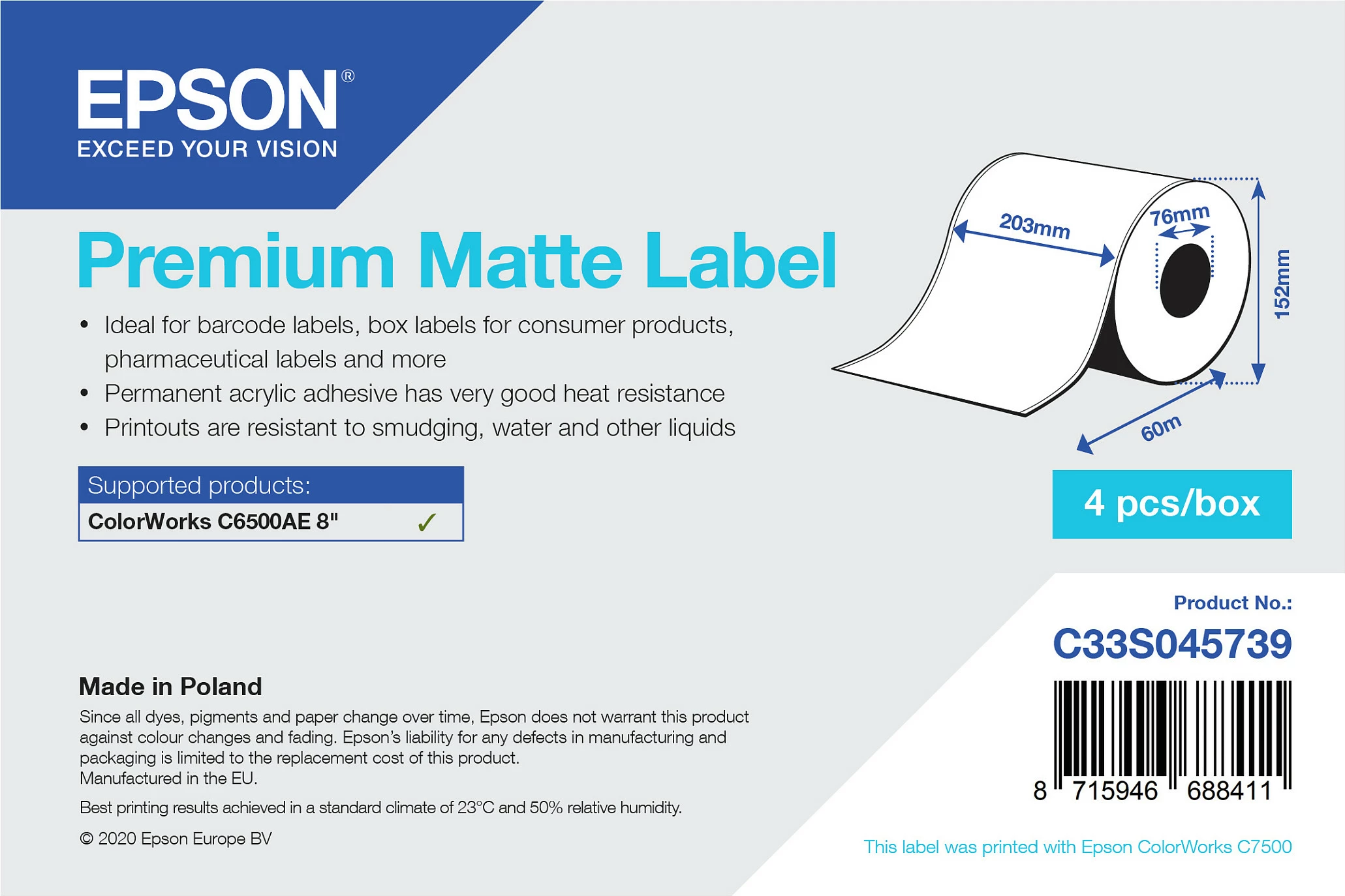Etiketë matte Epson C33S045739, 203 x 80 mm, për ColorWorks C6500AE 8-inç, 4 copë/kuti