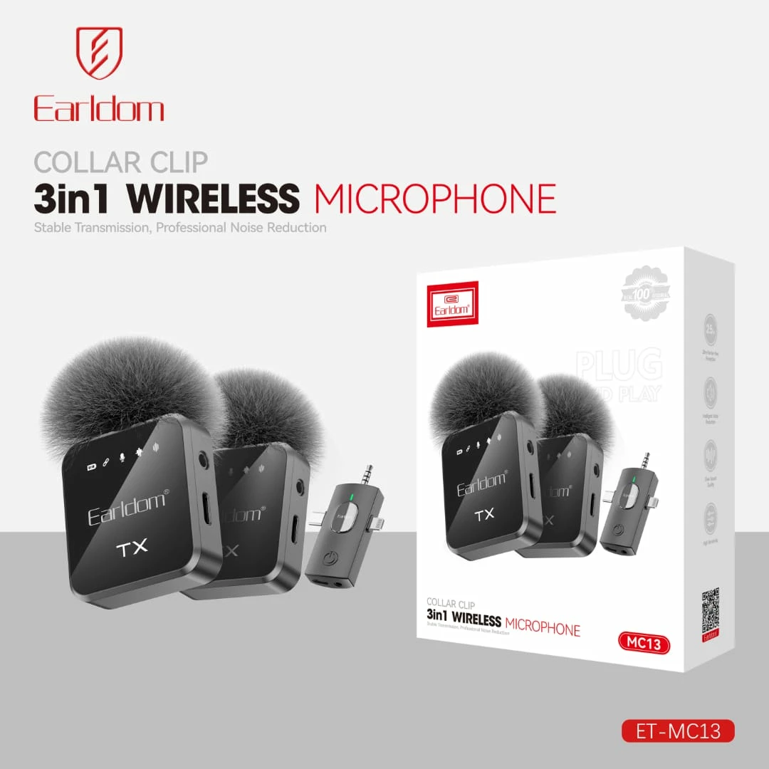 Mikrofon Wireless Earldom ET-MC13 (3-në-1) me Kuti Type-C/Lighting + Audio
