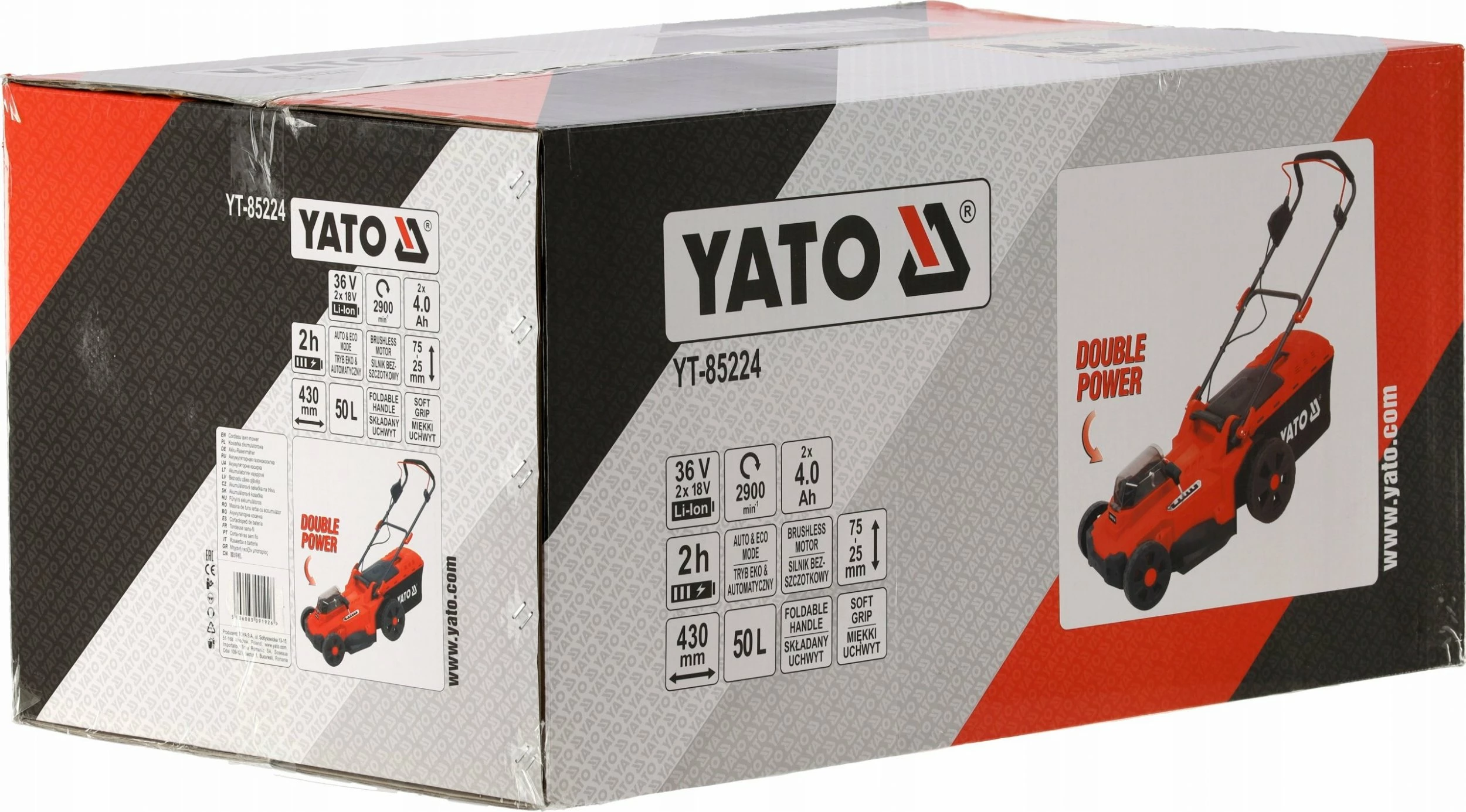 Kositëse bari me bateri Yato YT-85224 36 V, 43 cm, shportë 50 L, 2x 4.0 Ah, karikues i dyfishtë, e kuqe/zezë