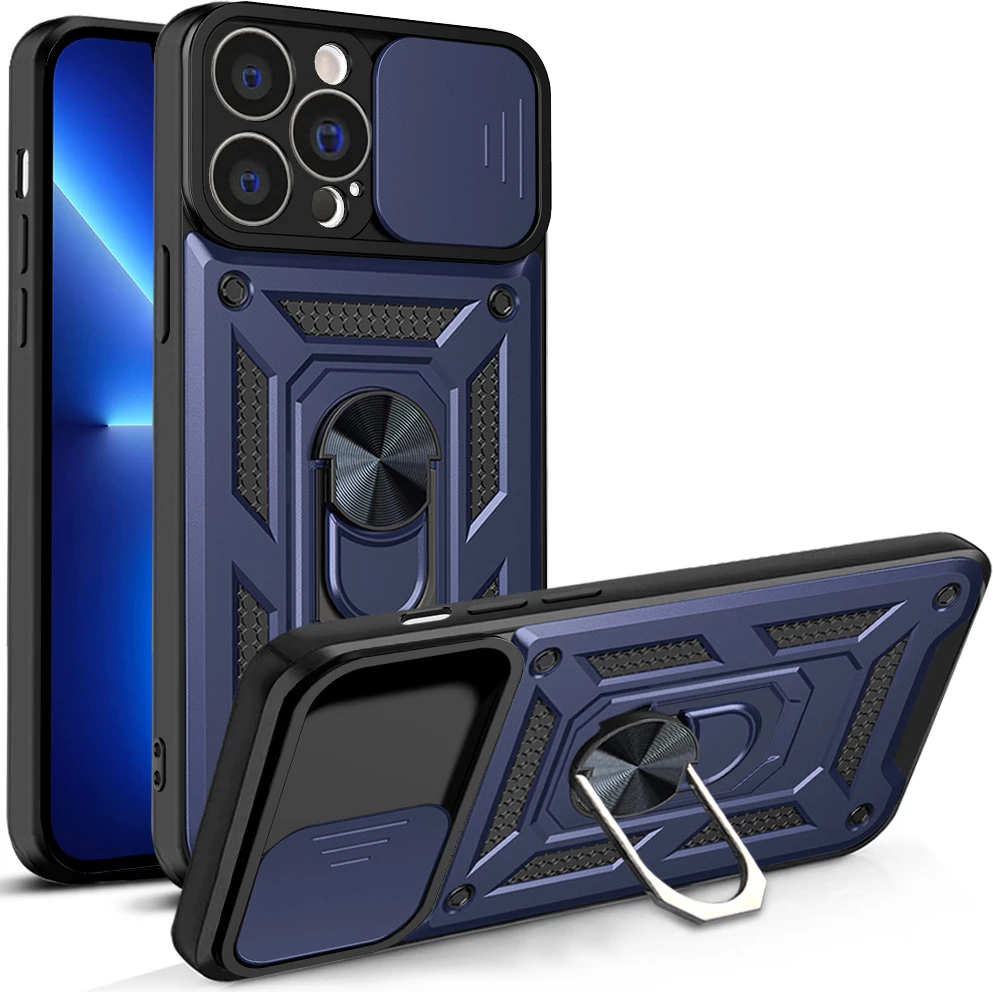 Mbështjellës Hurtel Hybrid Armor Camshield për iPhone 13 Pro Max, me kapak kamere, unazë metalike, Blu