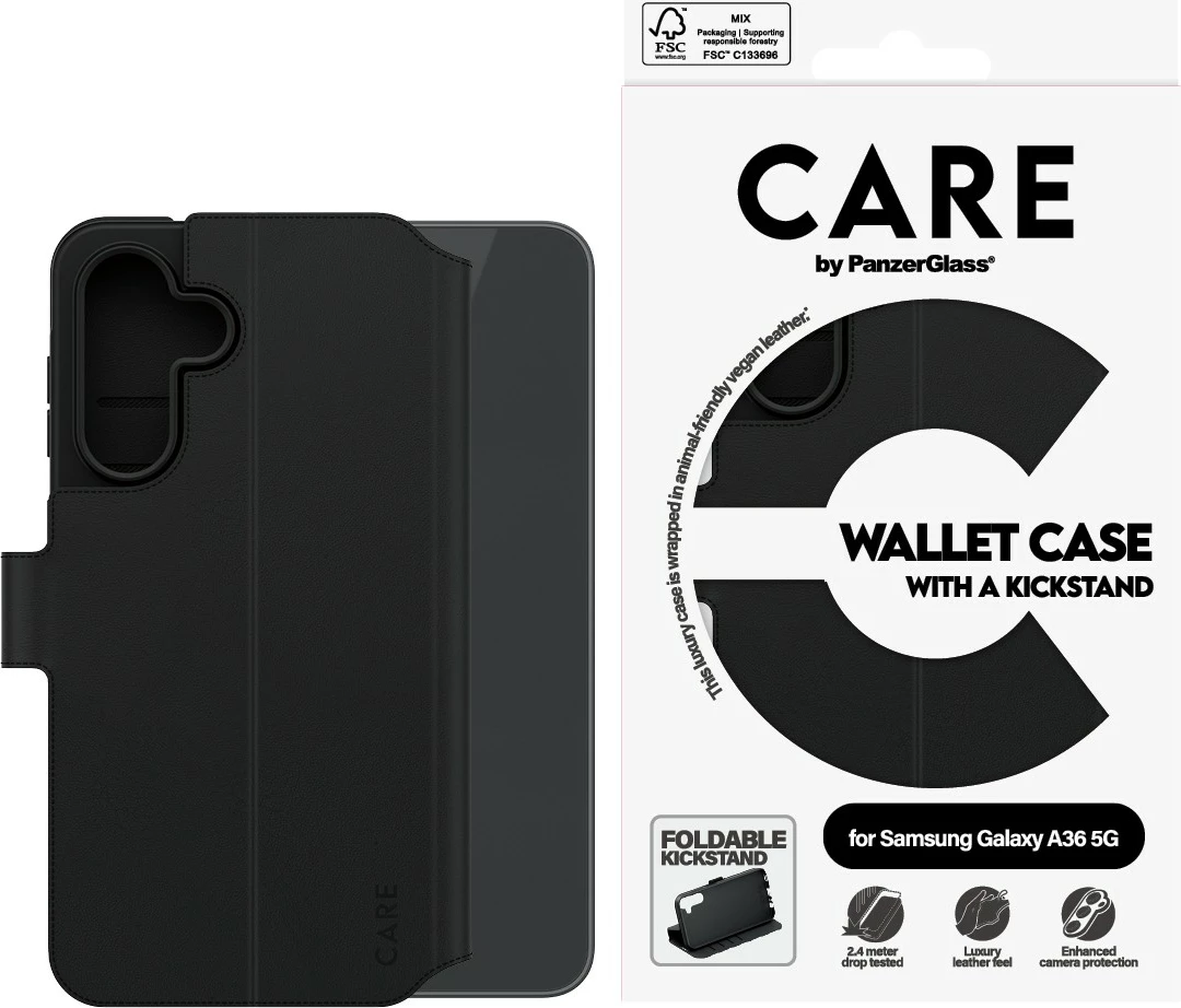 Mbështjellës PanzerGlass CARE Feature Wallet Case për Samsung Galaxy A36 5G, e zezë