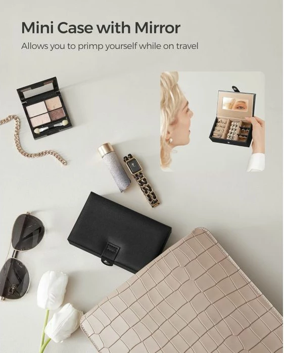 Kuti bizhuterish SONGMICS JBC121B, 3-katëshe me 2 sirtarë, pasqyrë, e mbyllshme me 2 çelësa, me mini kuti udhëtimi, e zezë