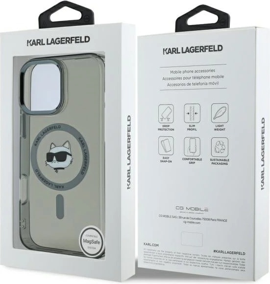Mbështjellës Karl Lagerfeld IML Metal Choupette Head MagSafe për iPhone 16 Pro, Zi