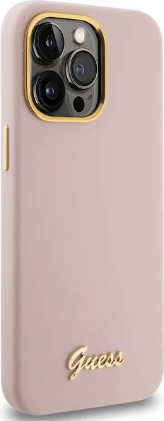 Mbështjellës Guess Silicone Script Metal Logo & Frame për iPhone 15 Pro Max, Rozë