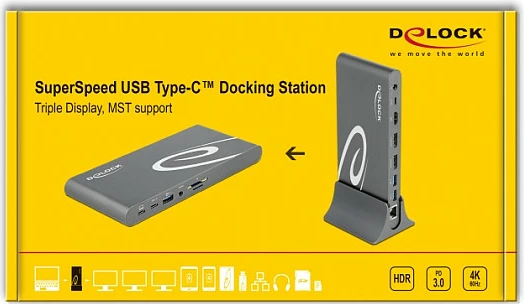 Docking stacion DeLOCK USB Type-C DP 1.4, Thunderbolt 3, Triple 4K, HDMI + 2x DisplayPort, LAN, SD/microSD, PD 85W, Grey