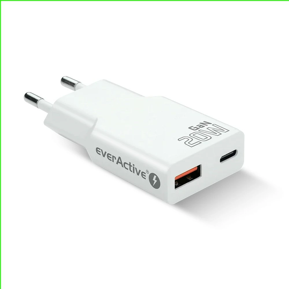 Karikues muri, everActive, SC-340Q, GaN super slim, USB QC 3.0 + USB-C PD 20W, 1x USB + 1x USB-C, i bardhë