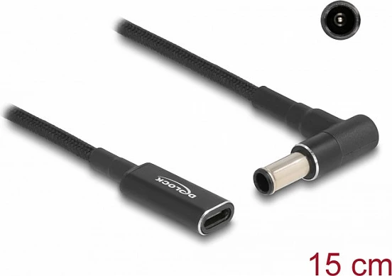 Kabllo adapter DeLOCK USB-C femër në Sony 6.0 x 4.3 mm mashkull 90°, 15 cm, 19.5 V 3 A, e zezë