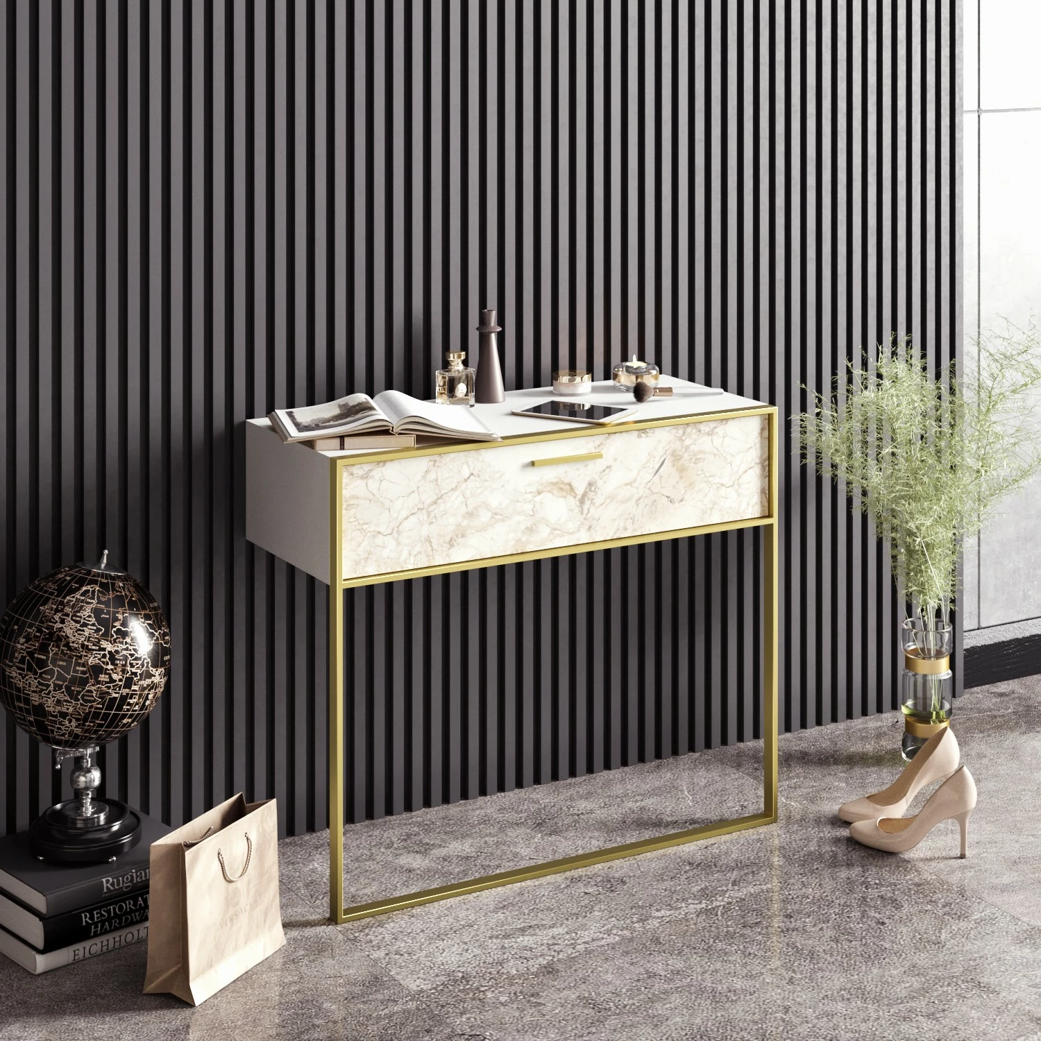 Komodë anësore Hanah Home, Polka, e bardhë dhe ari