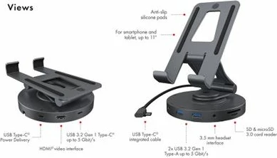 Mbajtëse rrotulluese/dock për tablet dhe celular ICYBOX IB-TH100-DK deri 11\", USB-C, HDMI 2.0 4K@60Hz, e zezë antracit