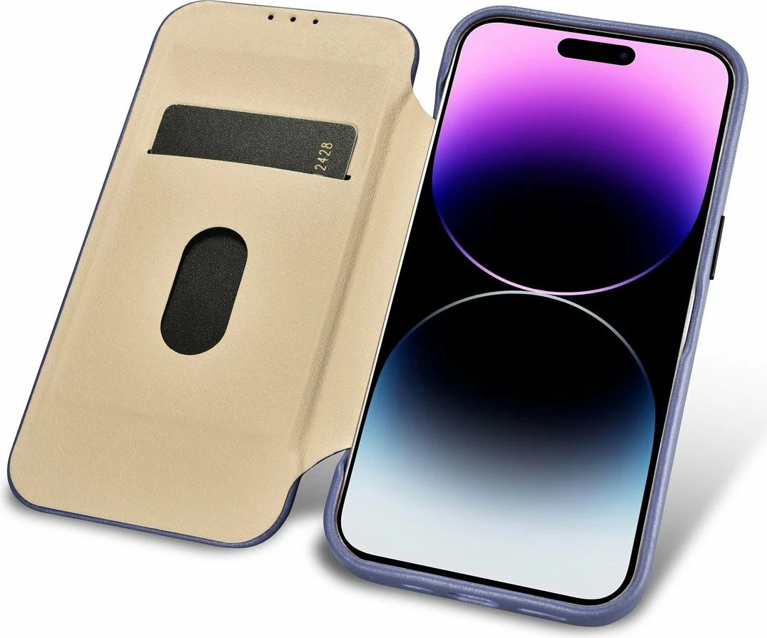 Mbështjellës iCarer CE Premium lëkure për iPhone 14 Pro Max, MagSafe, Vjollcë e lehtë