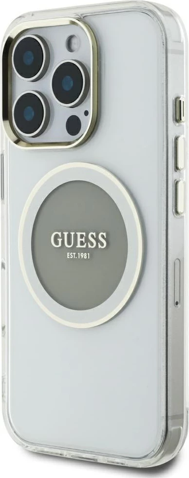 Mbështjellës Guess IML Metal Colored Circle Classic Logo MagSafe për iPhone 16 Pro Max, Gri