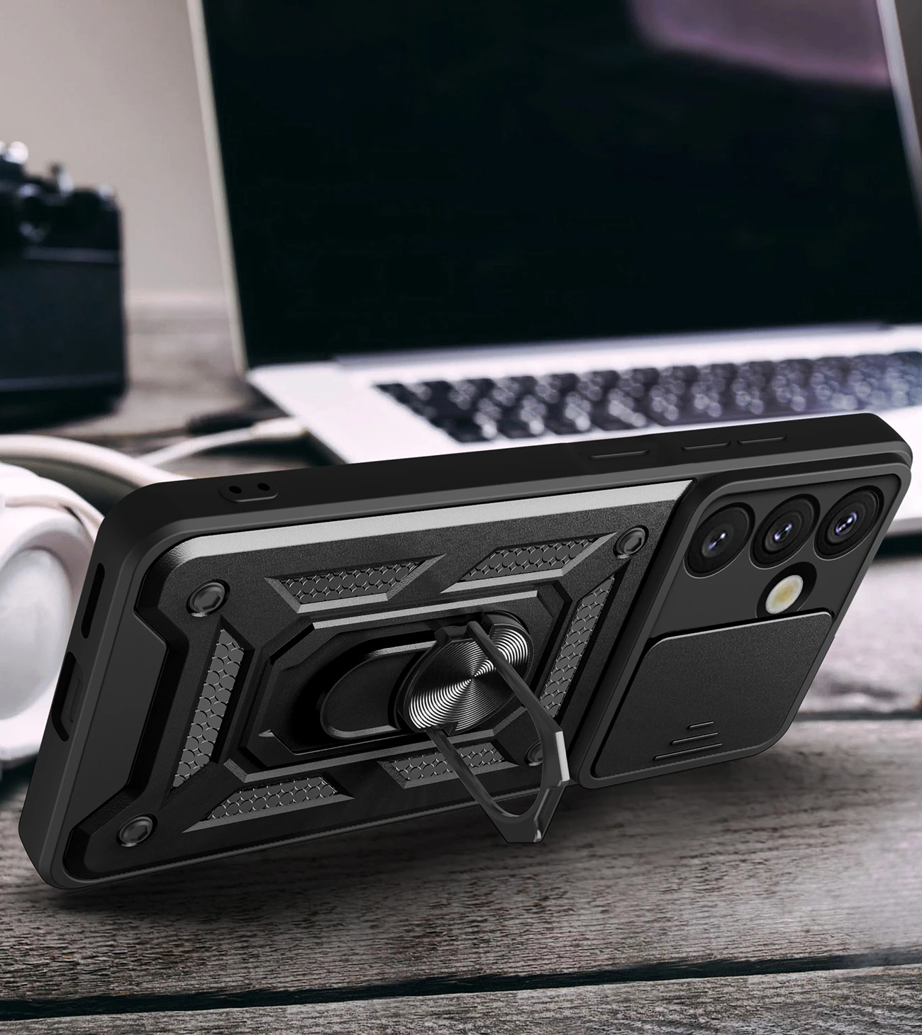 Mbështjellës Hurtel Hybrid Armor Camshield për Oppo F29 Pro 5G / A5 Pro 5G, i zi, me mbajtëse dhe kapak kamere 4