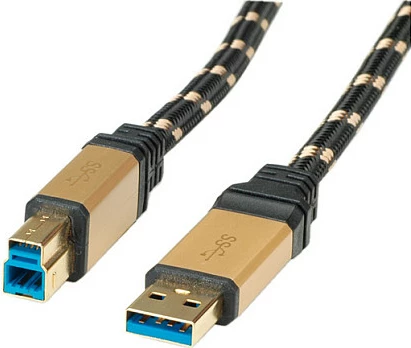 Kabllo USB 3.2 Gen 1 ROLINE GOLD, Type-A në Type-B, 1.8 m, 5 Gbit/s, e zezë/ari