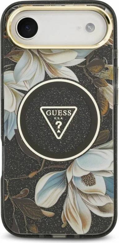 Kllapë telefoni Guess Glitter Flowers Triangle MagSafe për iPhone Air, e zezë