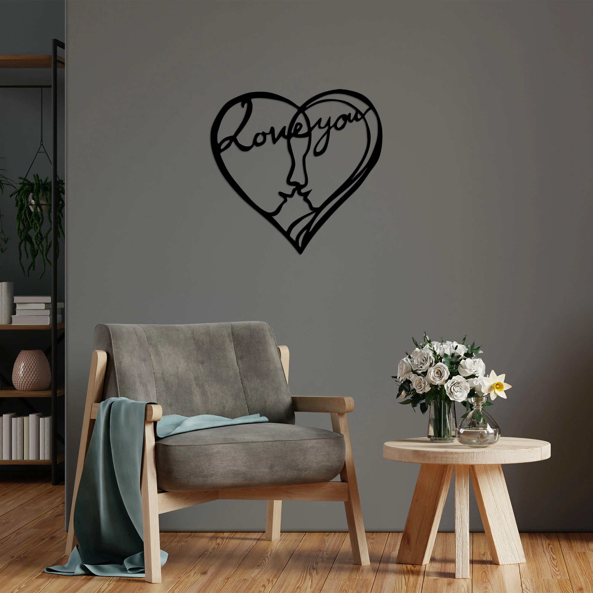 Aksesor dekorativ metalik për mur, Wallity, I Love You, ngjyrë e zezë, 68x71cm