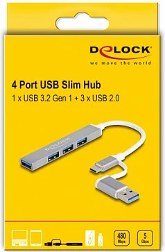 USB hub DeLOCK 4 porta, Type-C/Type-A, 3x USB 2.0, 1x USB 3.0, argjend